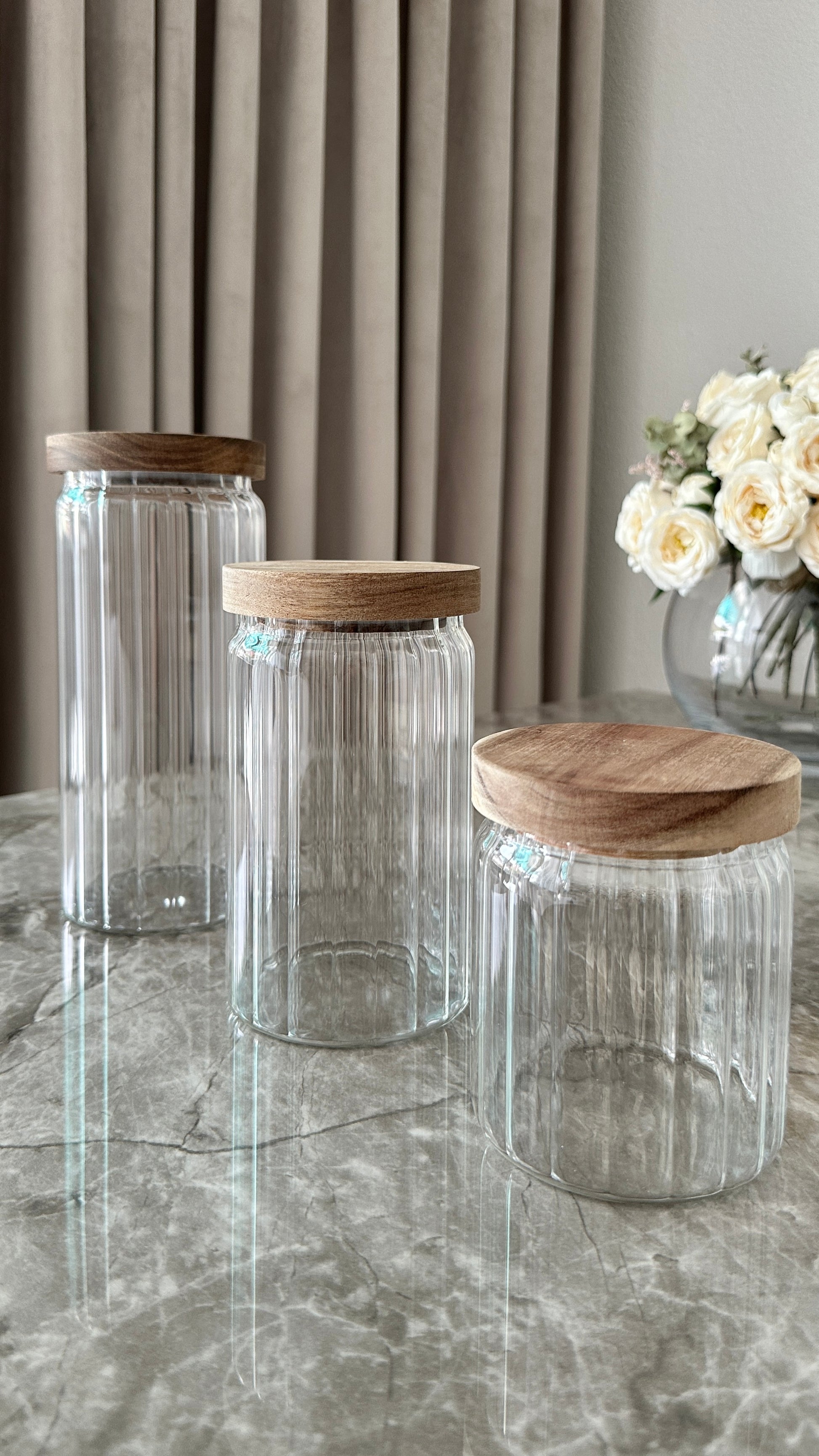 Vorratsdose 3 er Set Glas mit Riffle Optik und Holzdeckel