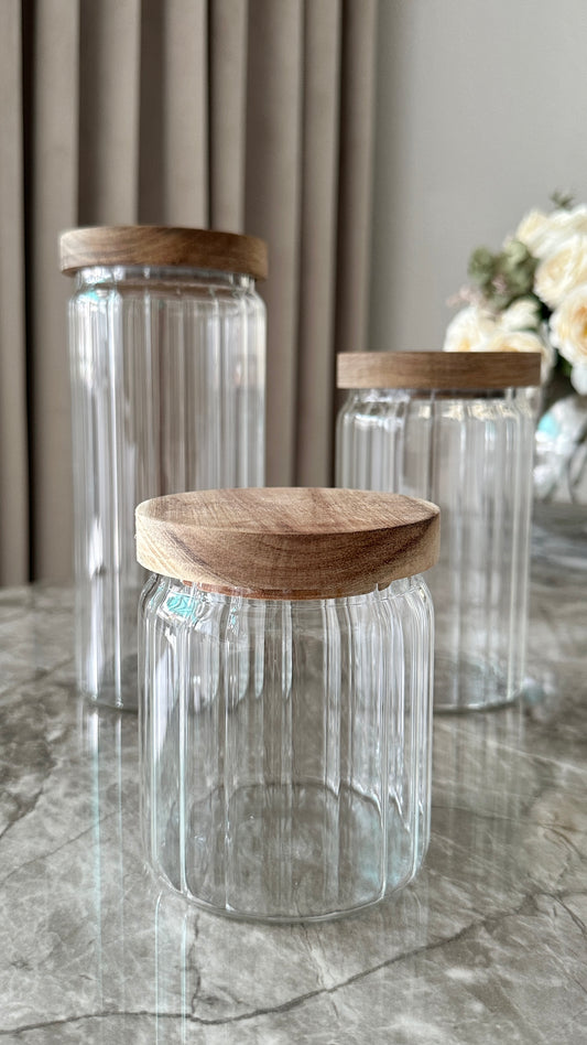 Vorratsdose 3 er Set Glas mit Riffle Optik und Holzdeckel